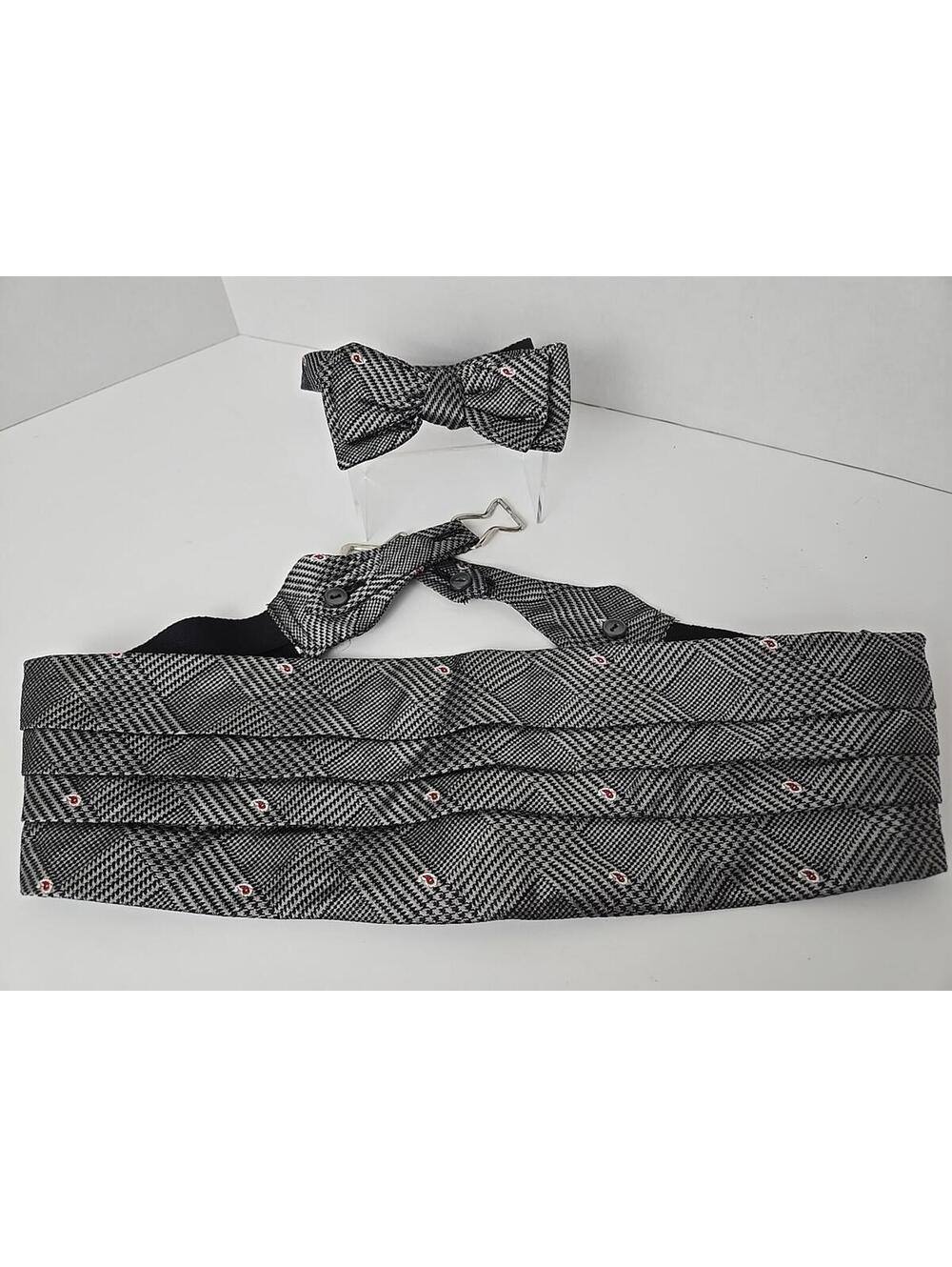 Hilditch & Key Adjustable Bow Tie Cummerbund Set Silk Gray Plaid Embroidered